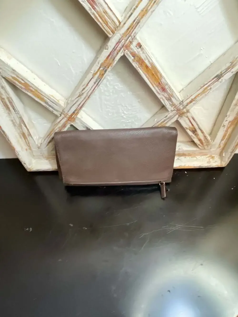 Tahari Brown Pebbled Leather RFID Wallet Clutch with Removable Leopard Pouch